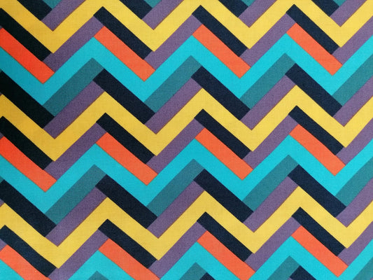 100% Cotton - Crafting & Quilting - Zig Zag - Blue/Yellow/Orange/Purple - 44" Wide - Sold By The Metre