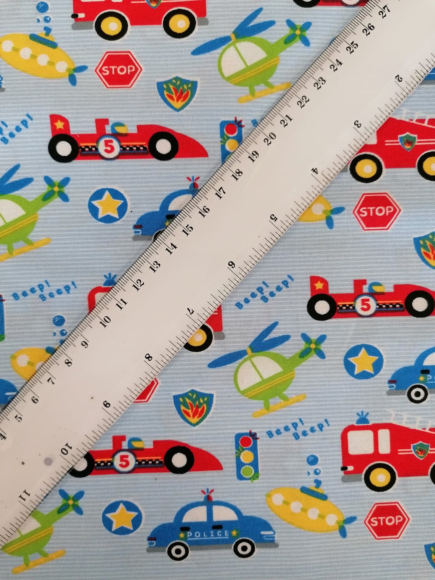 100% Cotton - Crafting & Quilting - Beep Beep - Blue/Red/Yellow/Green - 44" Wide - Sold By the Metre