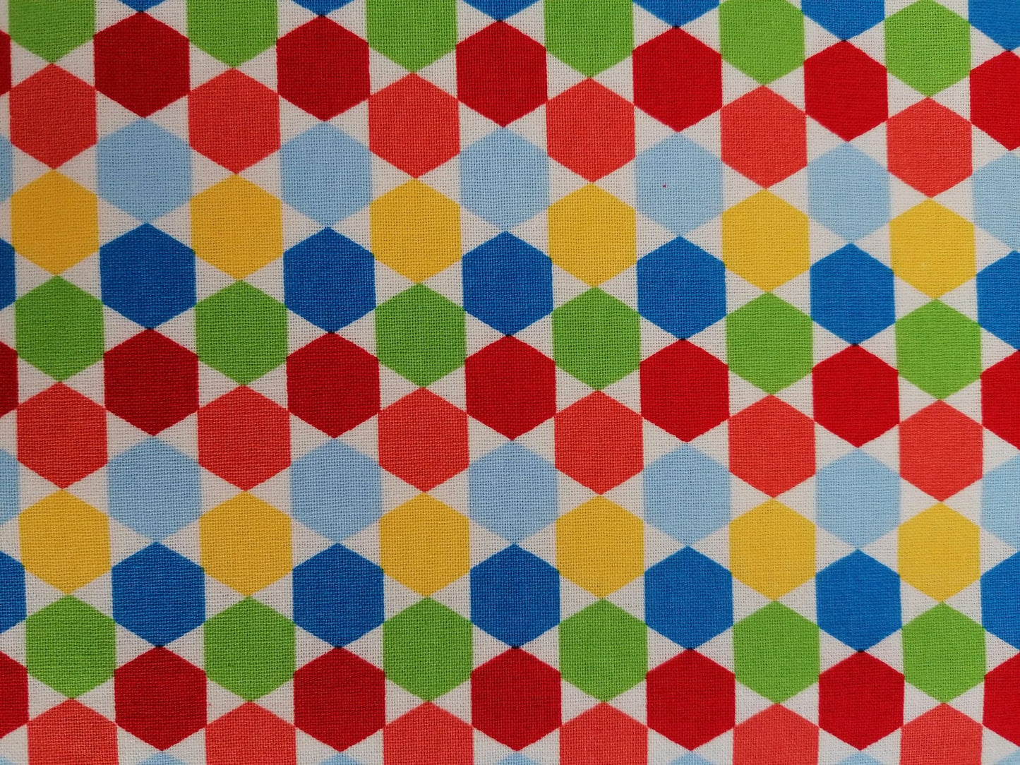 100% Cotton - Crafting & Quilting - Hexagon - Red/Blue/Yellow/Green - 44" Wide - Sold By the Metre