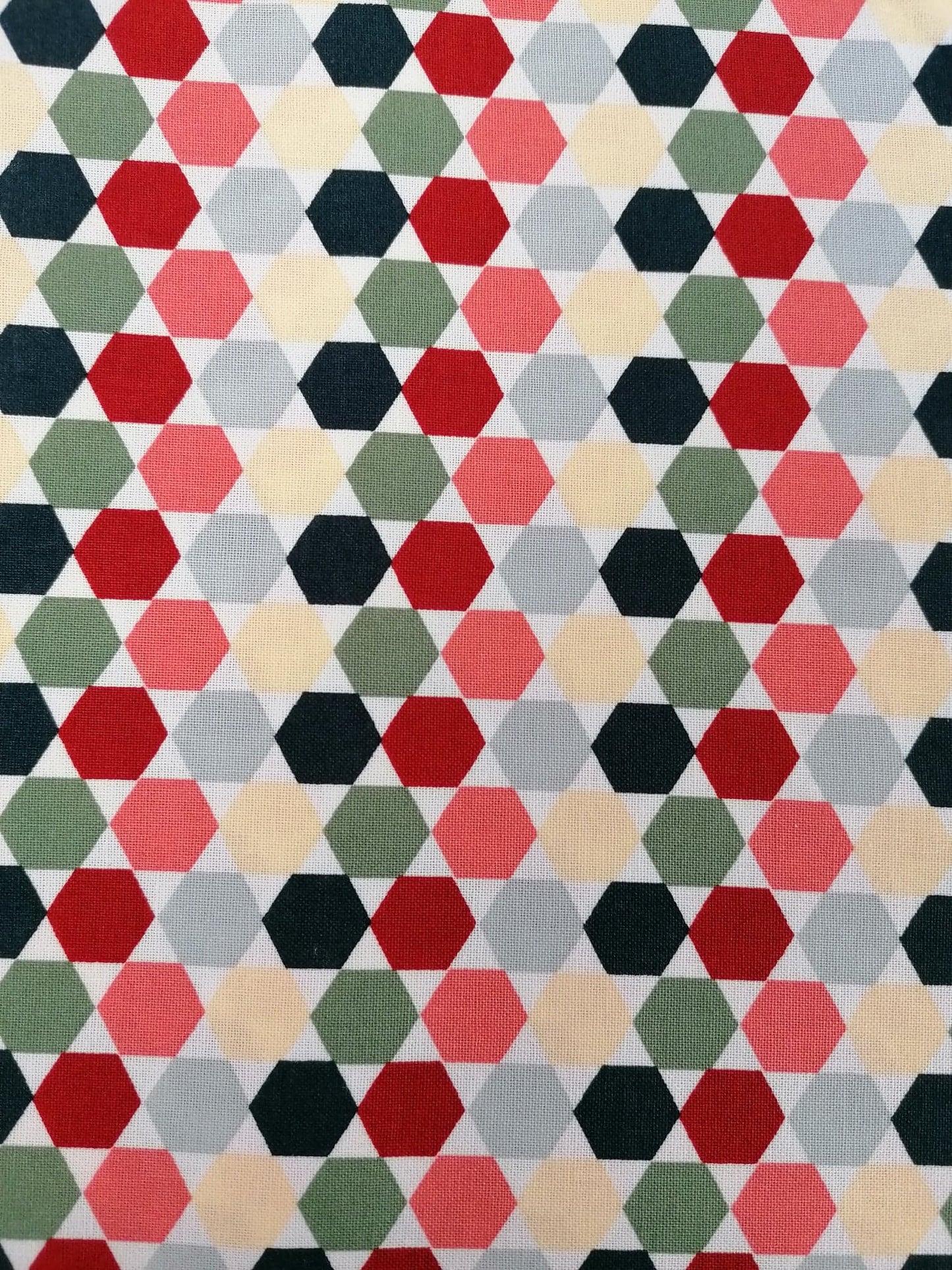 100% Cotton - Crafting & Quilting - Hexagons - Grey/Red/Peach/Cream - 44" Wide - Sold By the Metre