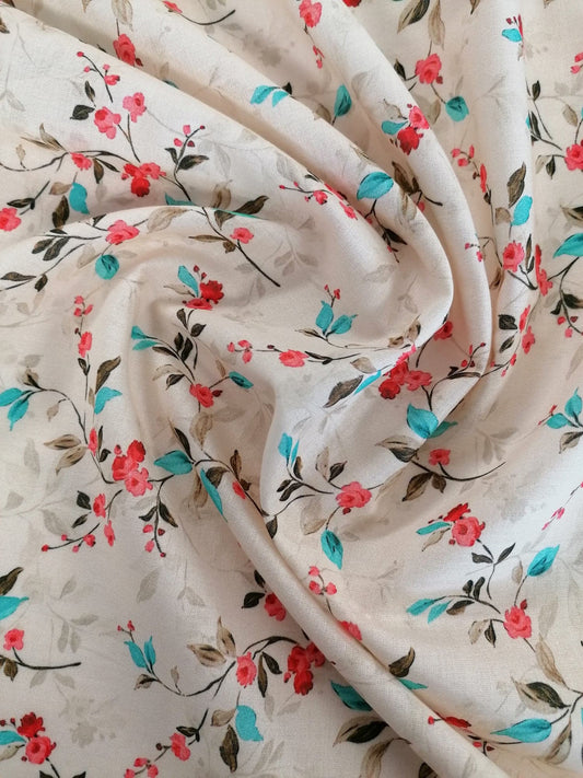 Cotton Lawn - Cream/Turquoise/Red - 55" Wide - Sold By The Metre