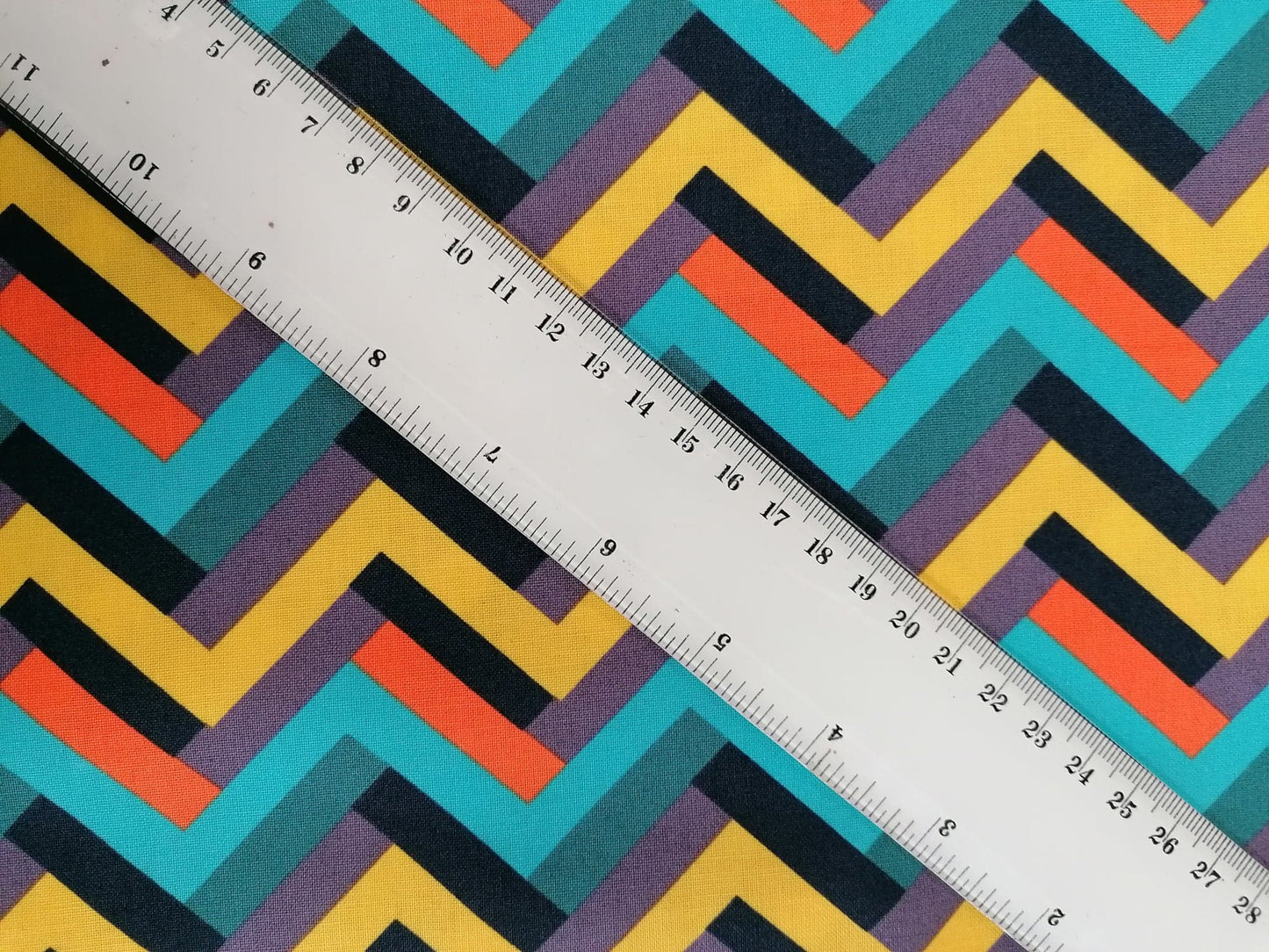 100% Cotton - Crafting & Quilting - Zig Zag - Blue/Yellow/Orange/Purple - 44" Wide - Sold By The Metre