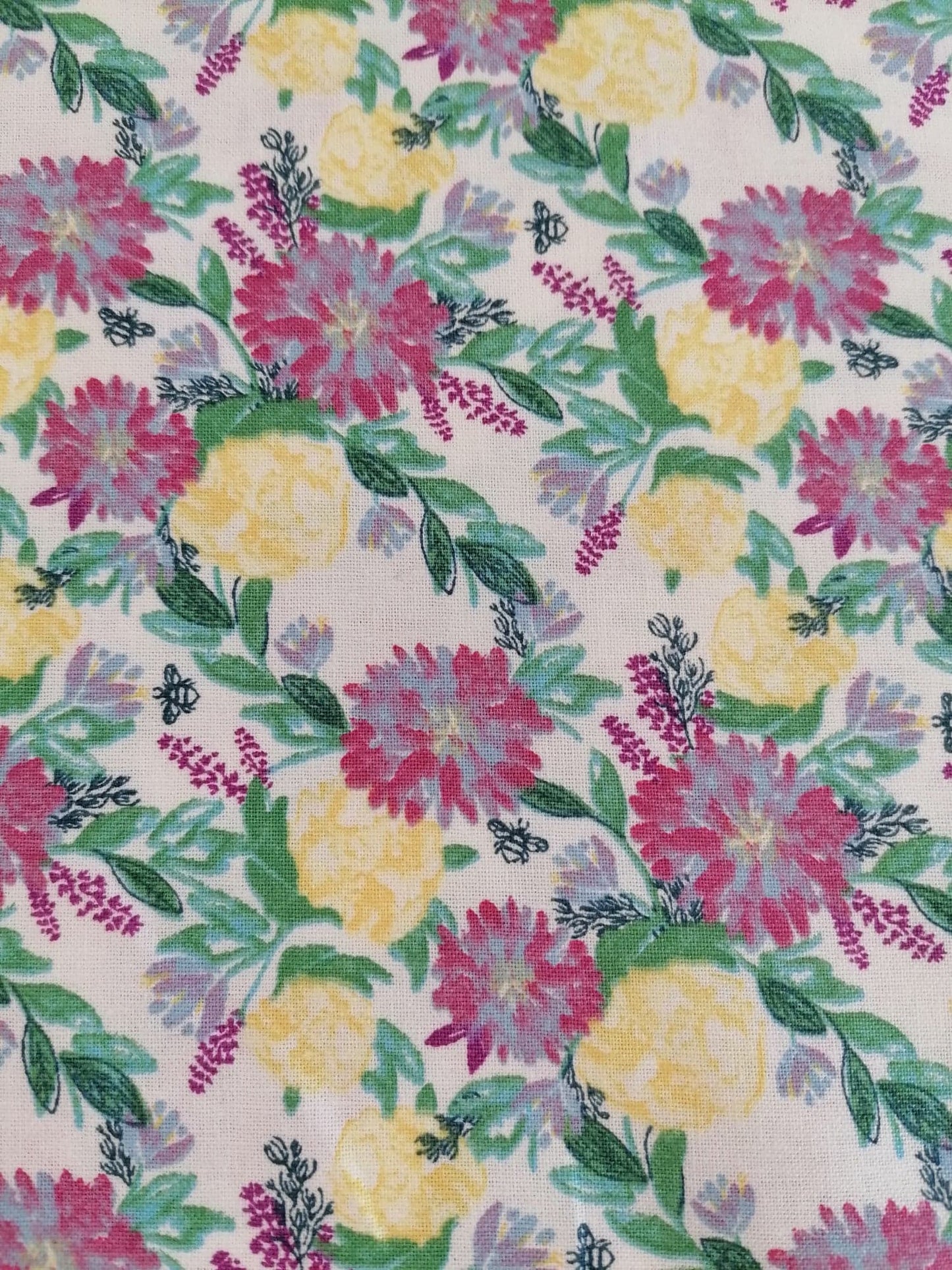 100% Cotton - Crafting & Quilting - Floral - Lilac/Yellow/Green - 44" Wide - Sold By the Metre