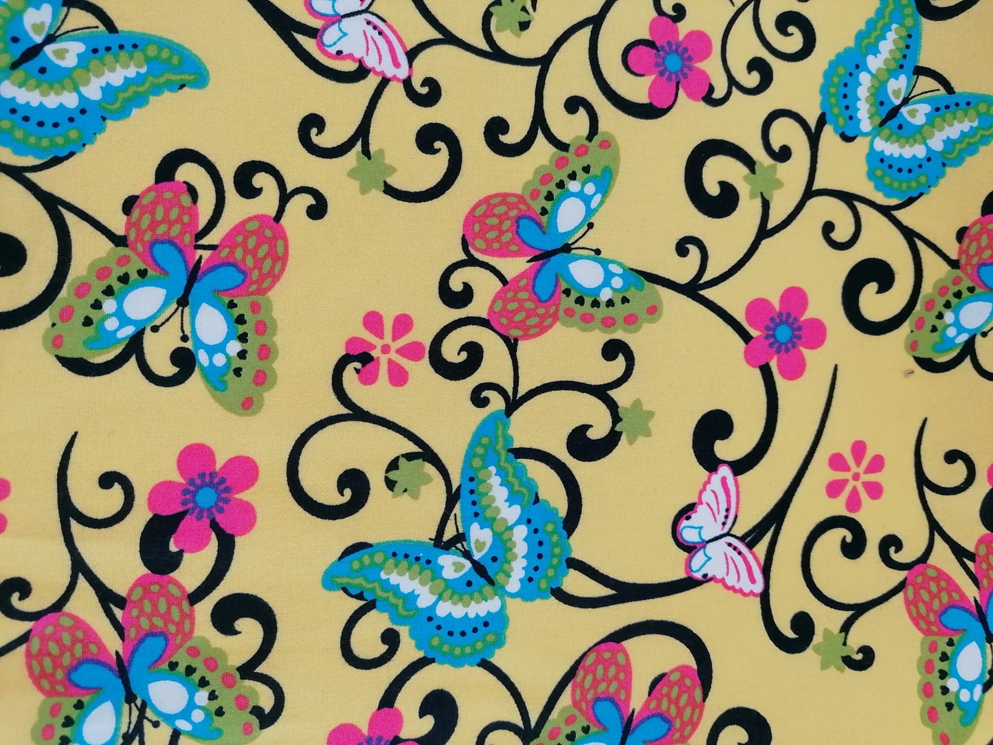 100% Cotton - Crafting & Quilting - Butterflies - Yellow/Multicoloured - 44" Wide - Sold By the Metre