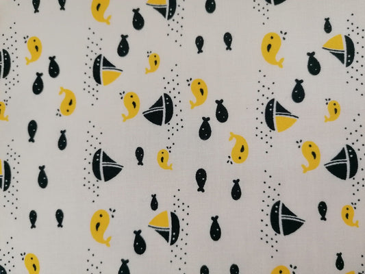 100% Cotton - Crafting & Quilting - Boats & Whales - White/Yellow/Navy - 44" Wide - Sold By the Metre