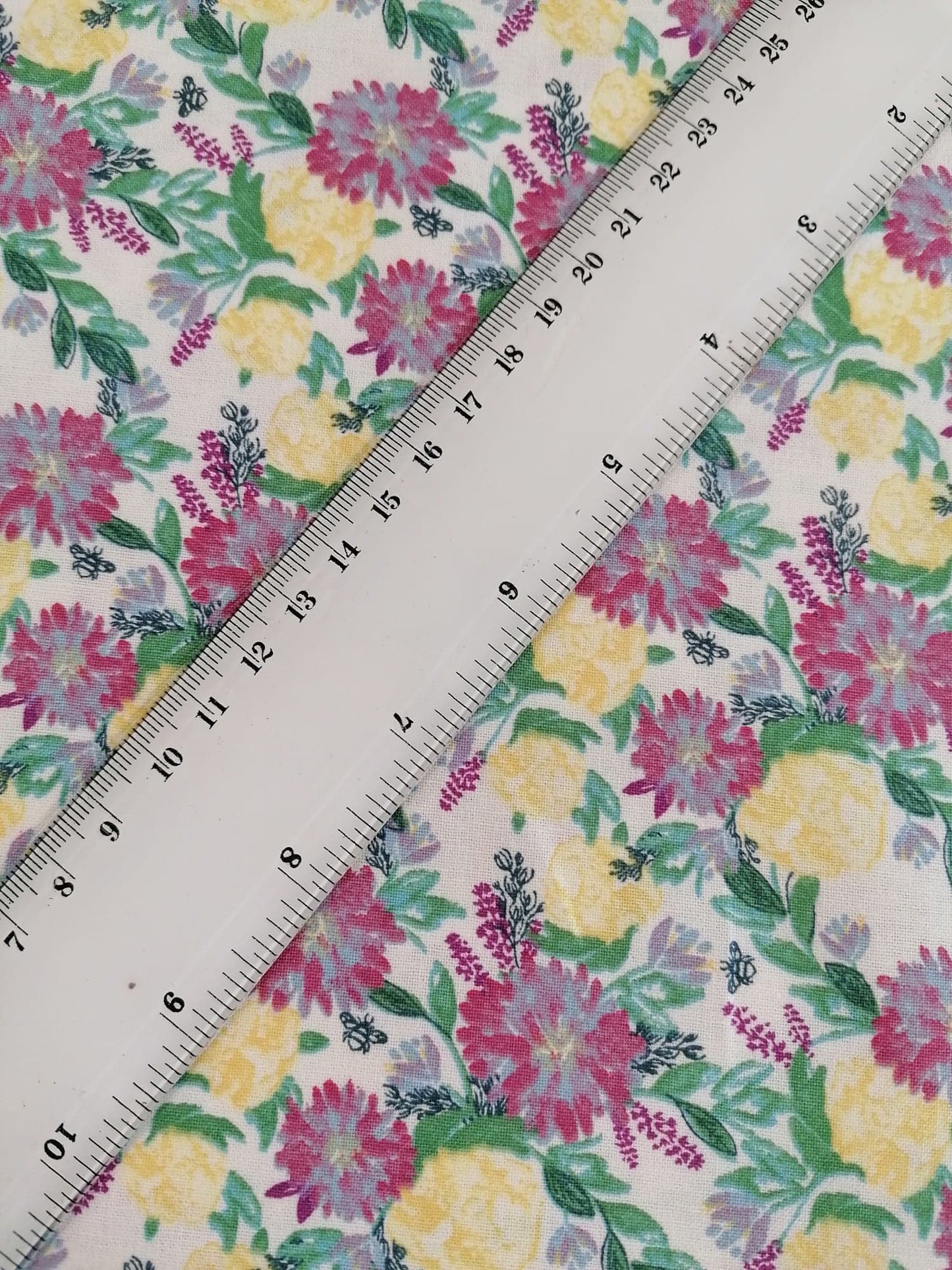 100% Cotton - Crafting & Quilting - Floral - Lilac/Yellow/Green - 44" Wide - Sold By the Metre