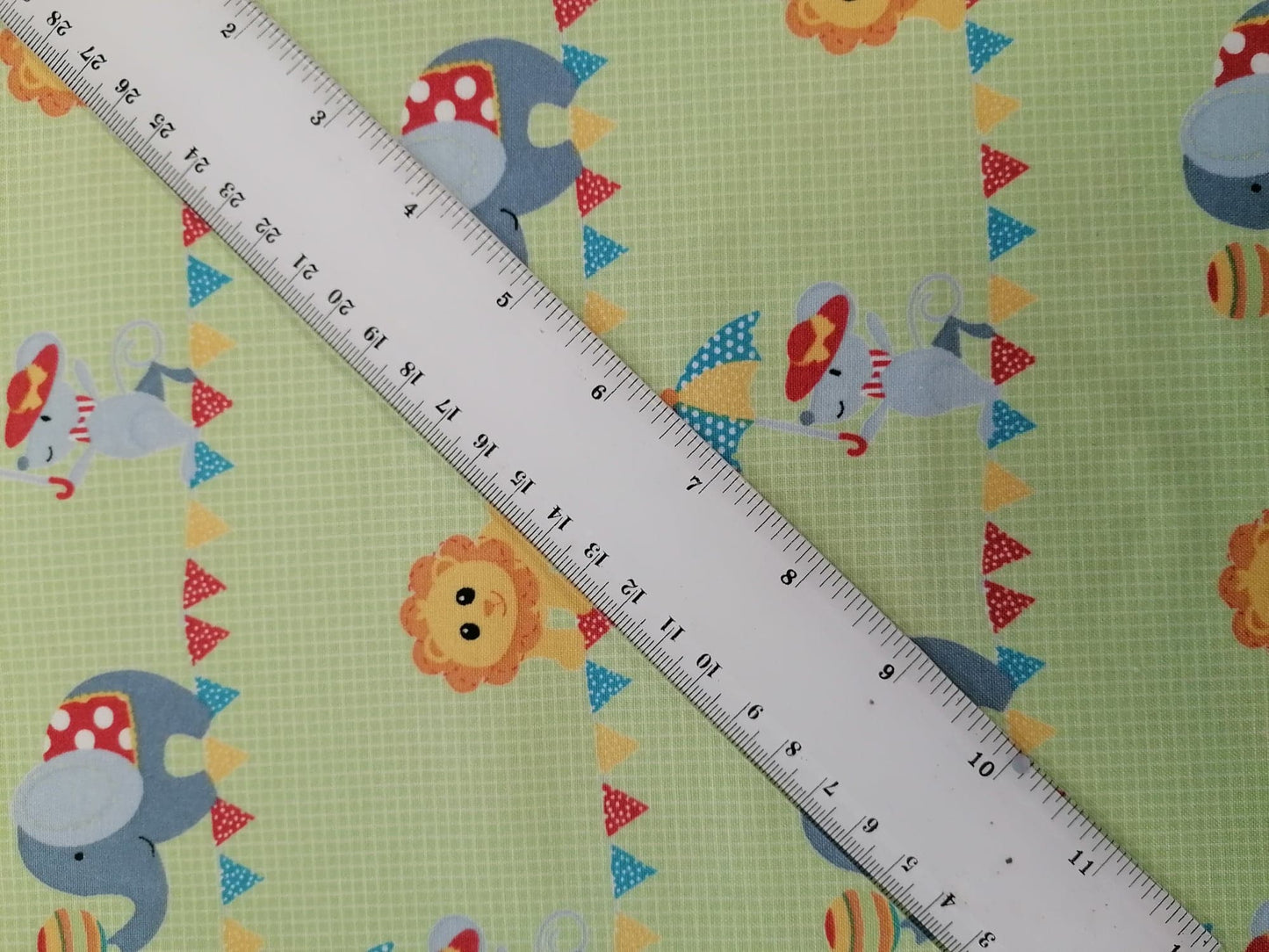 100% Cotton - Crafting & Quilting - Circus - Green/Grey/Mustard - 44" Wide - Sold By the Metre