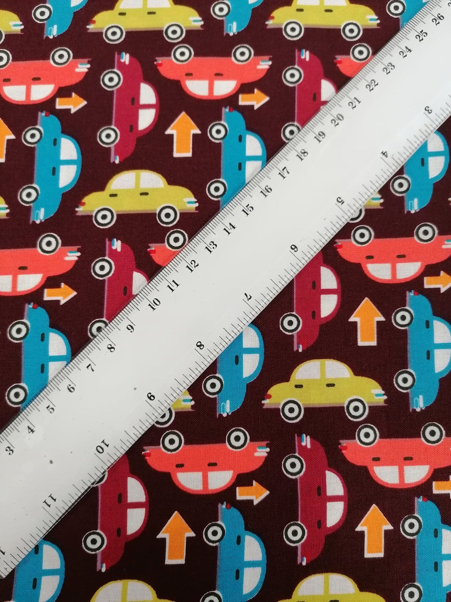 100% Cotton - Crafting & Quilting - Cars - Plum/Green/Blue/Orange/Blue - 44" Wide - Sold By the Metre