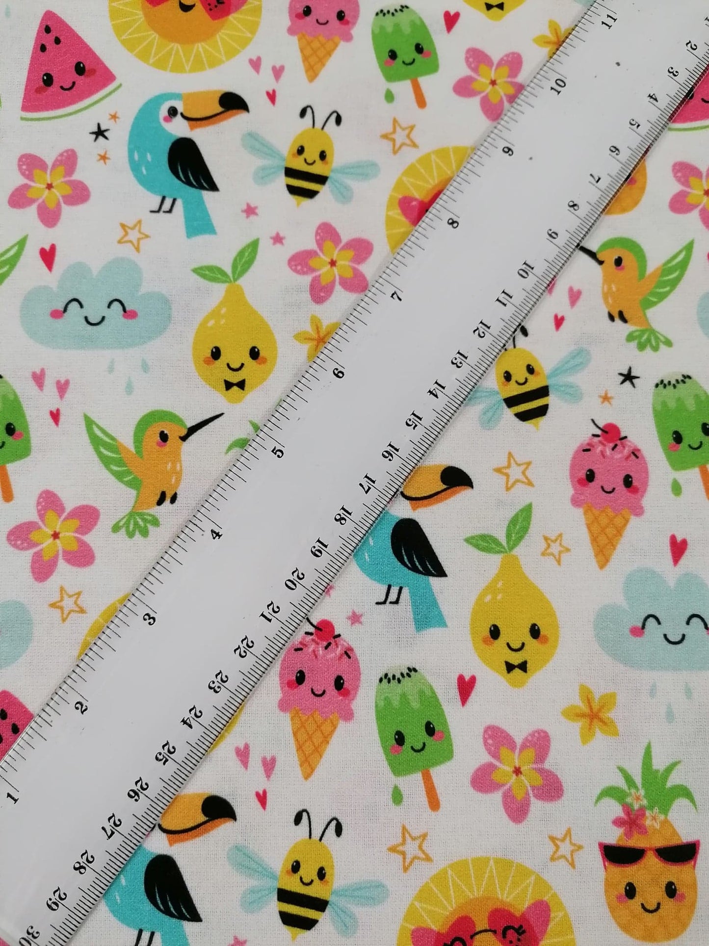 100% Cotton - Crafting & Quilting - Fruit/Ice Cream - White/Yellow/Pink/Blue/Green - 44" Wide - Sold By the Metre