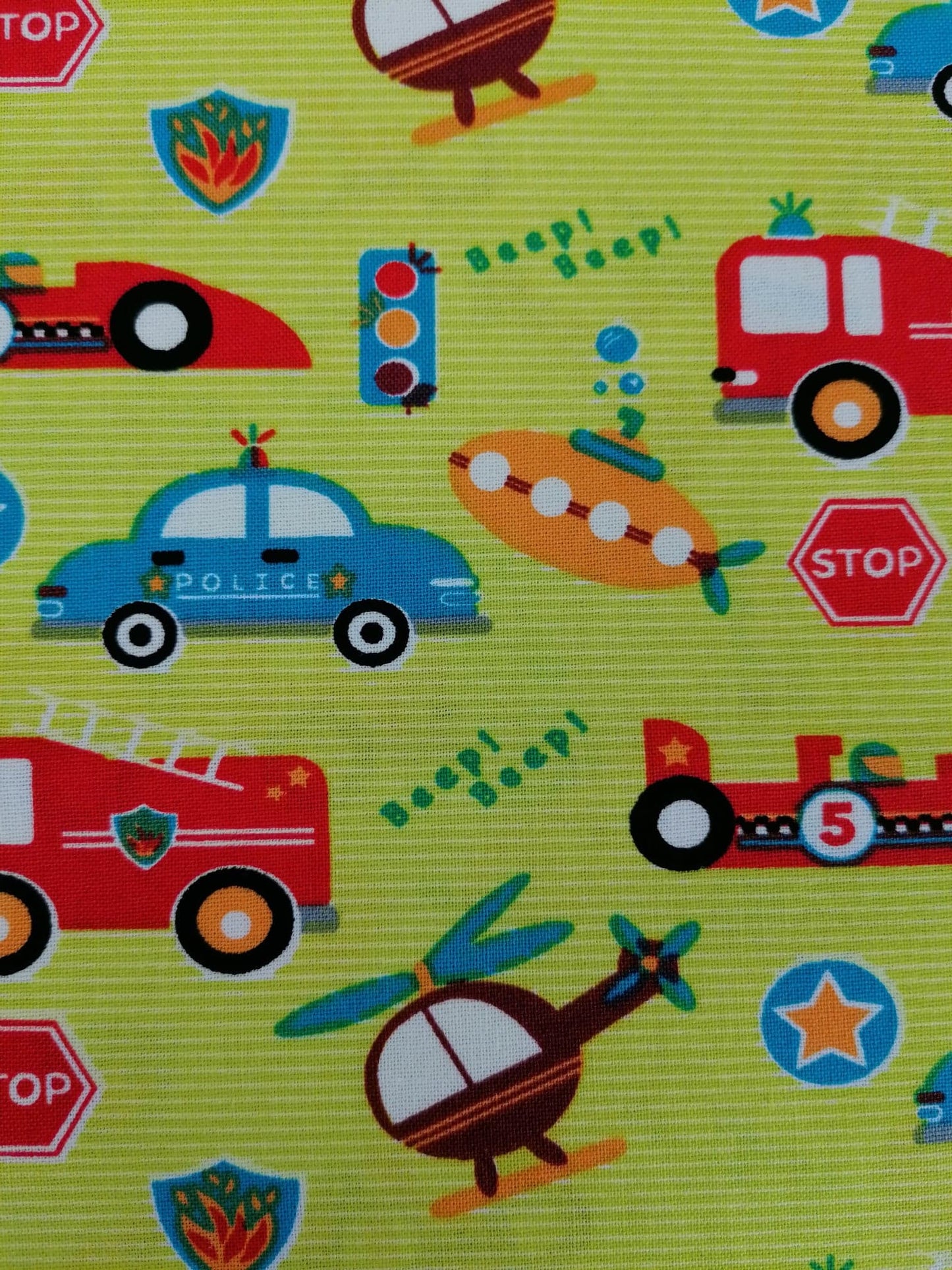 100% Cotton - Crafting & Quilting - Beep Beep - Green/Red/Blue/Orange - 44" Wide - Sold By the Metre