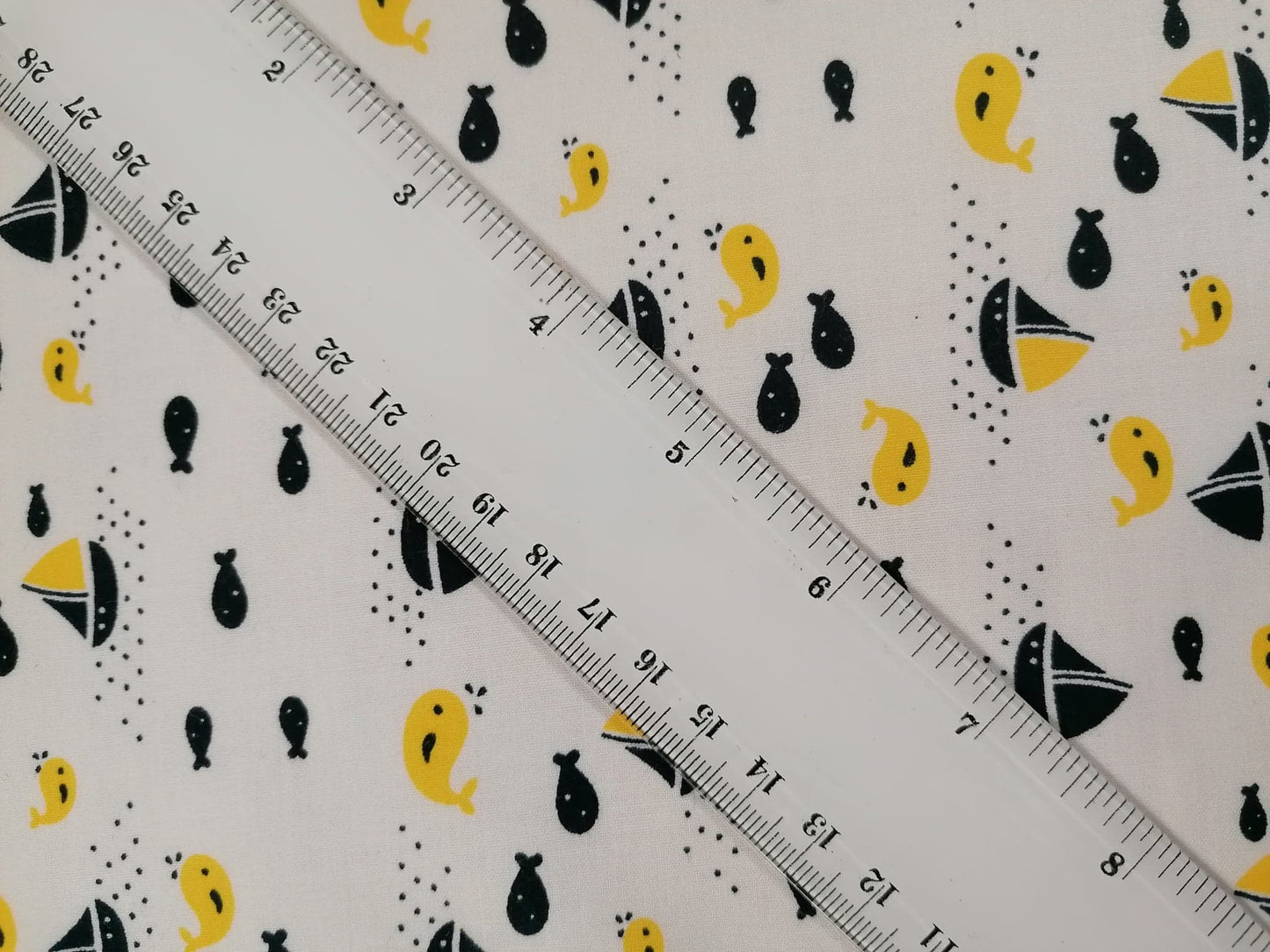 100% Cotton - Crafting & Quilting - Boats & Whales - White/Yellow/Navy - 44" Wide - Sold By the Metre