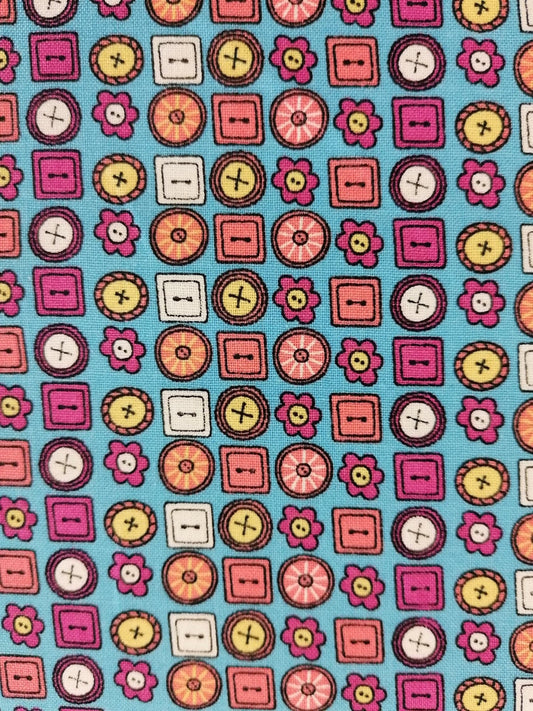 100% Cotton - Crafting & Quilting - Buttons - Blue/Pink/Yellow/White - 44" Wide - Sold By the Metre