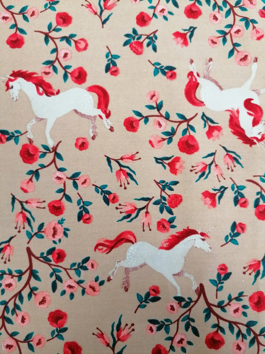 100% Cotton - Crafting & Quilting - Unicorns - Beige/Red/Green - 44" Wide - Sold By the Metre