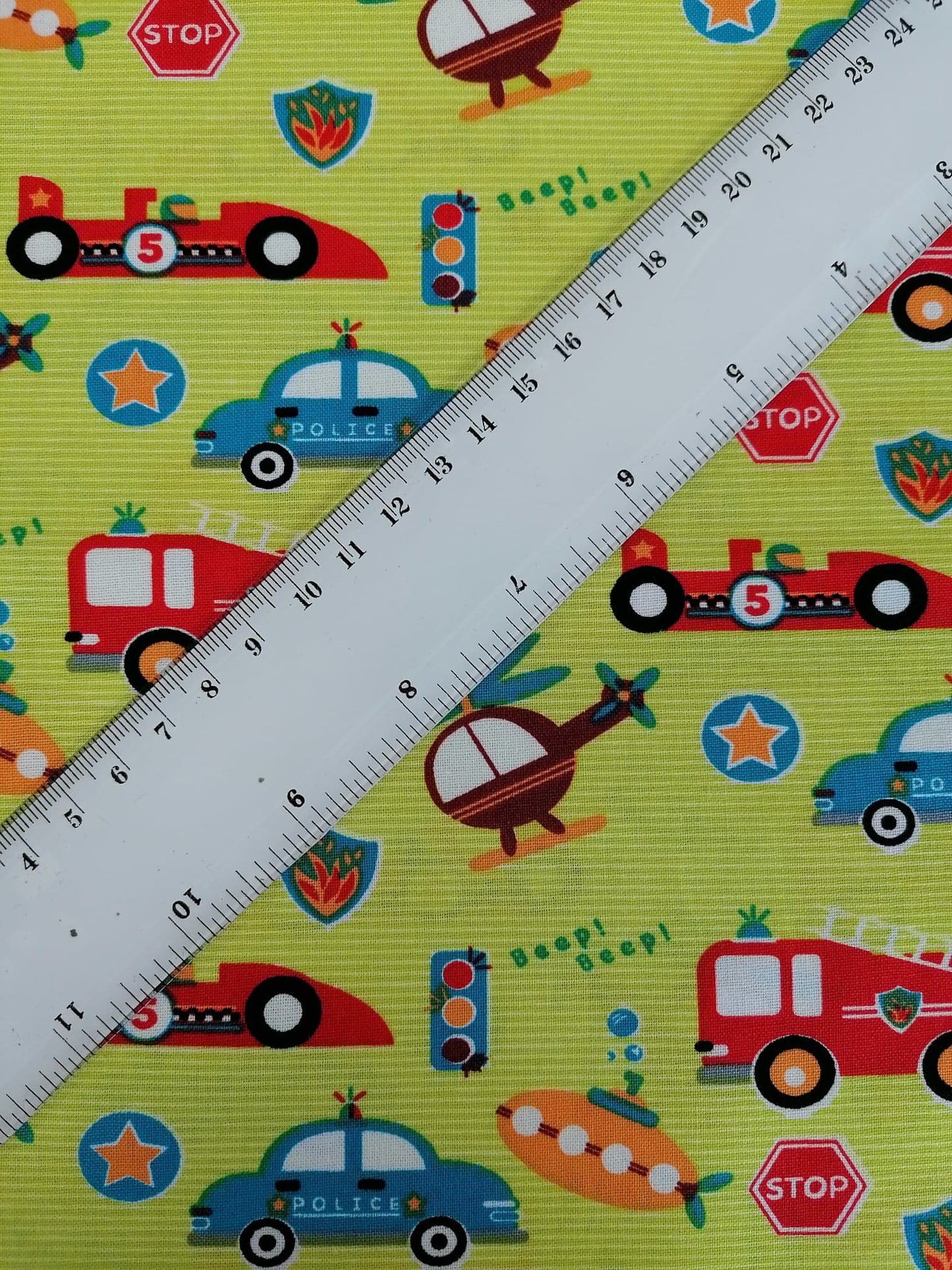 100% Cotton - Crafting & Quilting - Beep Beep - Green/Red/Blue/Orange - 44" Wide - Sold By the Metre