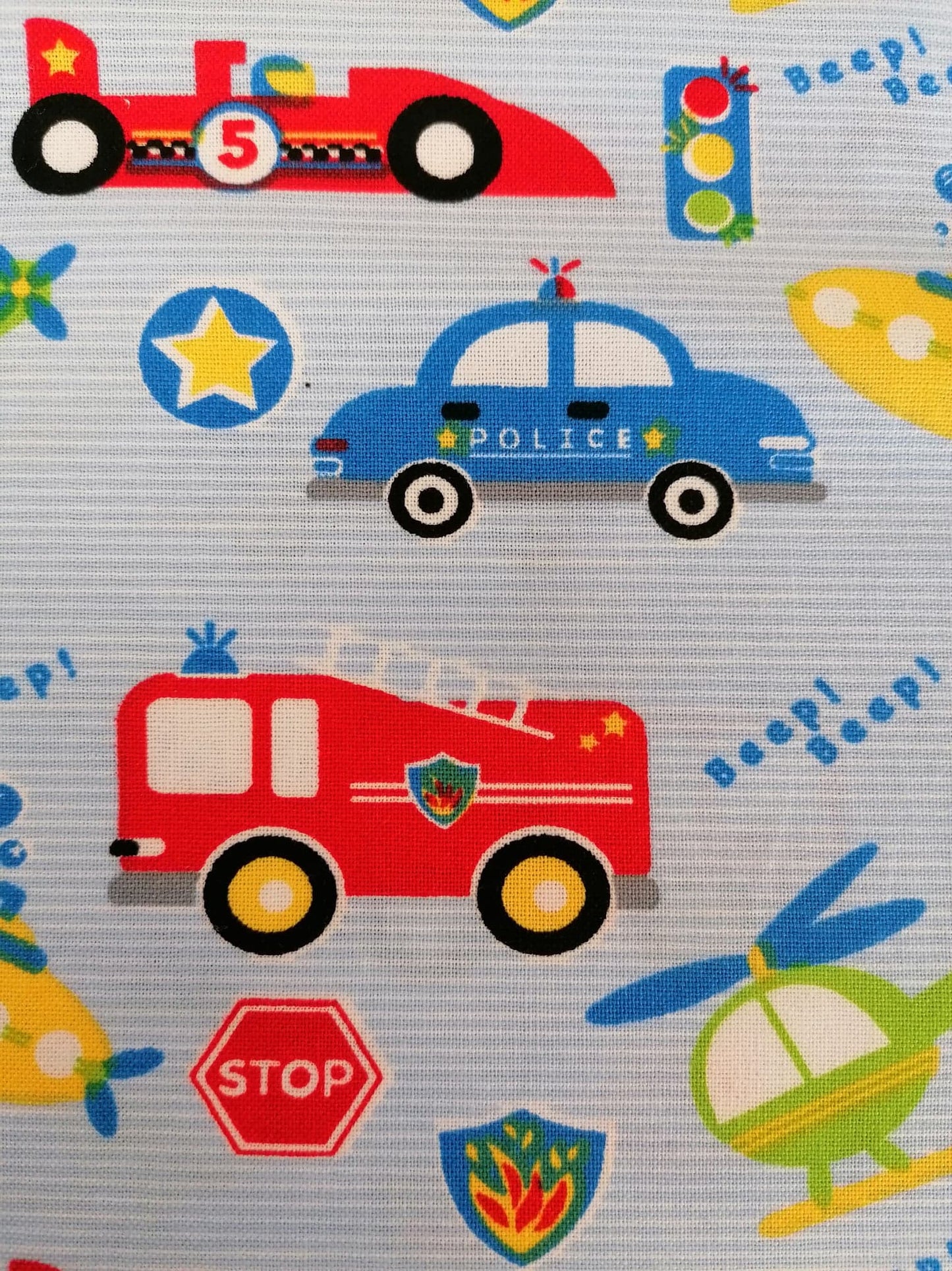 100% Cotton - Crafting & Quilting - Beep Beep - Blue/Red/Yellow/Green - 44" Wide - Sold By the Metre