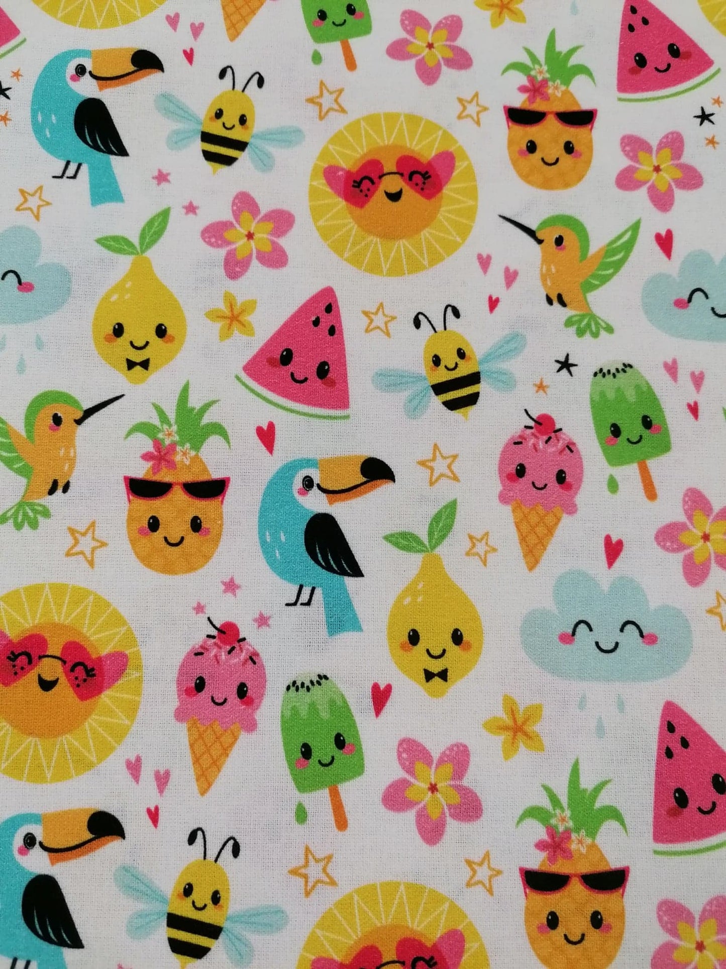 100% Cotton - Crafting & Quilting - Fruit/Ice Cream - White/Yellow/Pink/Blue/Green - 44" Wide - Sold By the Metre