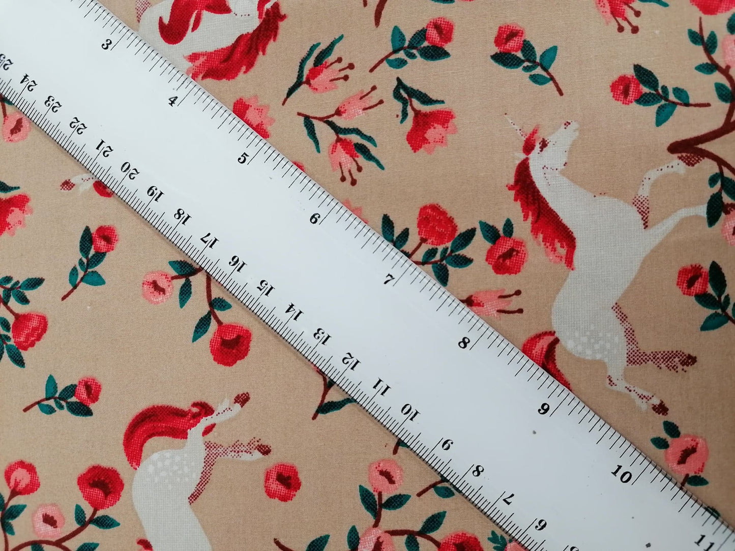 100% Cotton - Crafting & Quilting - Unicorns - Beige/Red/Green - 44" Wide - Sold By the Metre