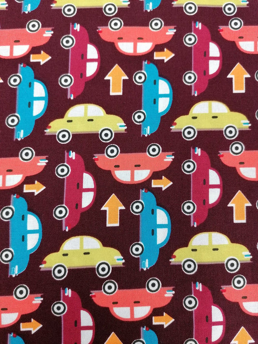 100% Cotton - Crafting & Quilting - Cars - Plum/Green/Blue/Orange/Blue - 44" Wide - Sold By the Metre