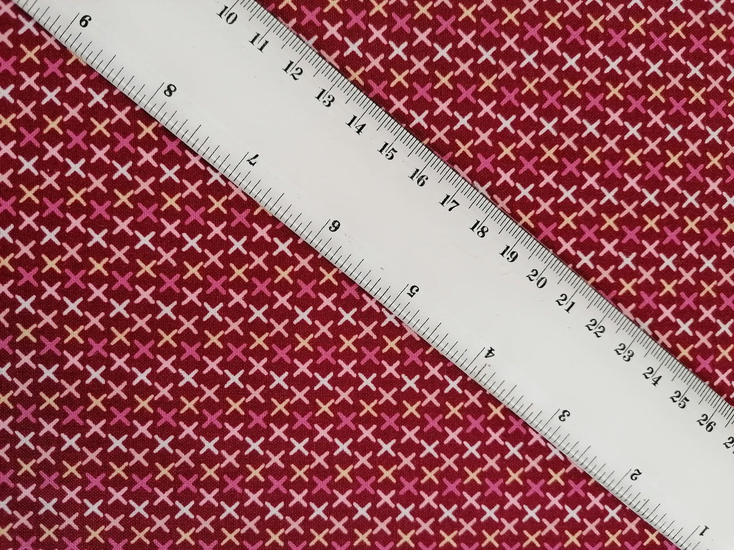 100% Cotton - Crafting & Quilting - Crosses - Plum/Yellow/Pink/White - 44" Wide - Sold By the Metre