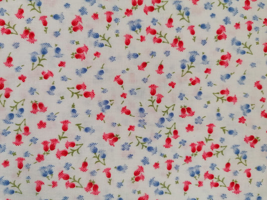 100% Cotton - Crafting & Quilting - Ditsy Floral - White/Red/Blue - 44" Wide - Sold By the Metre