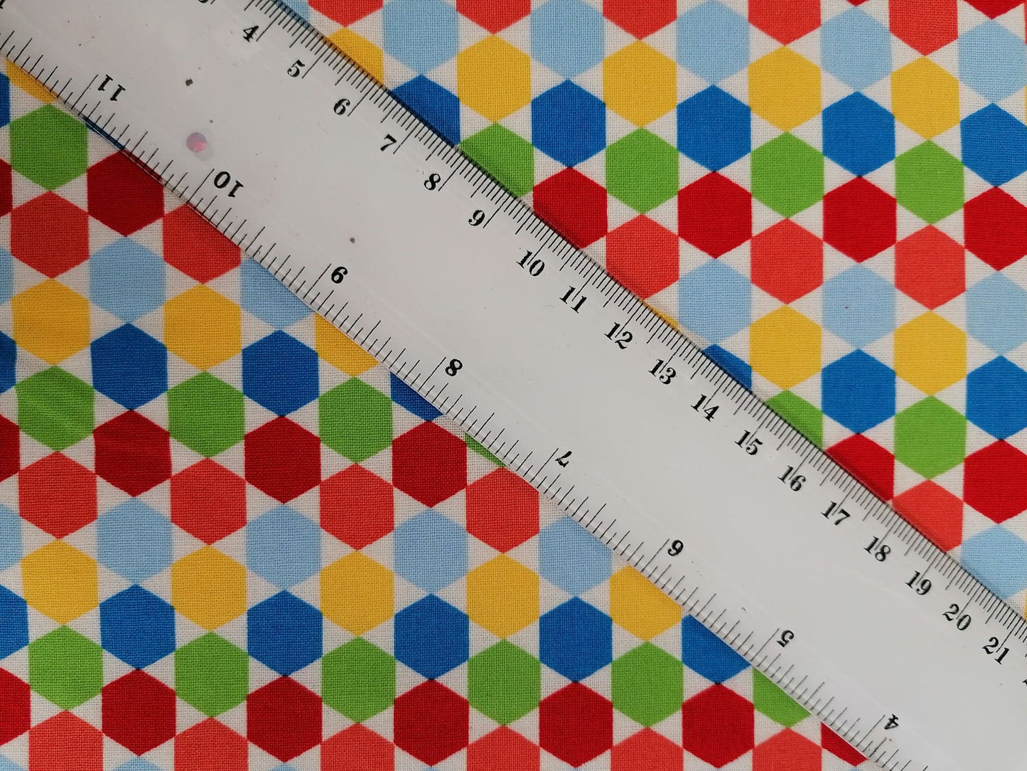 100% Cotton - Crafting & Quilting - Hexagon - Red/Blue/Yellow/Green - 44" Wide - Sold By the Metre