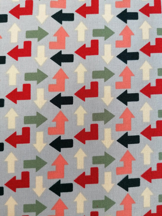 100% Cotton - Crafting & Quilting - Arrows - Grey/Cream/Red/Blue/Green - 44" Wide - Sold By the Metre