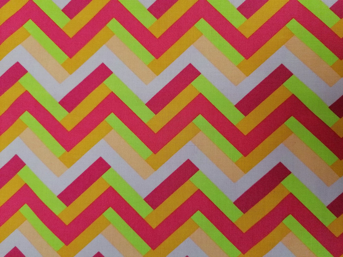 100% Cotton - Crafting & Quilting - Zig Zag - Pink/Lemon/Orange - 44" Wide - Sold By The Metre