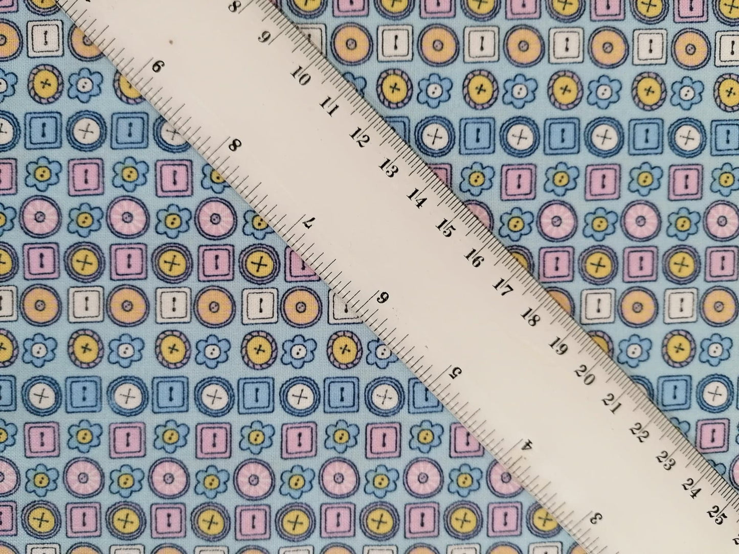 100% Cotton - Crafting & Quilting - Buttons - Baby Blue/Pink/Yellow/White - 44" Wide - Sold By the Metre