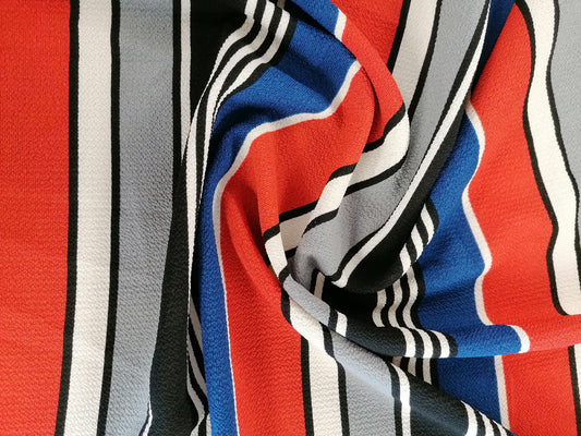 Polyester Bubble Crepe - Stripe - Blue/Rust/Grey/Black - 58" Wide - Sold By The Metre