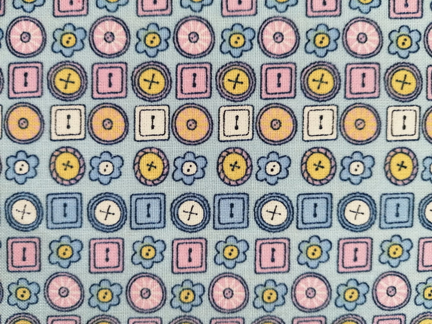 100% Cotton - Crafting & Quilting - Buttons - Baby Blue/Pink/Yellow/White - 44" Wide - Sold By the Metre