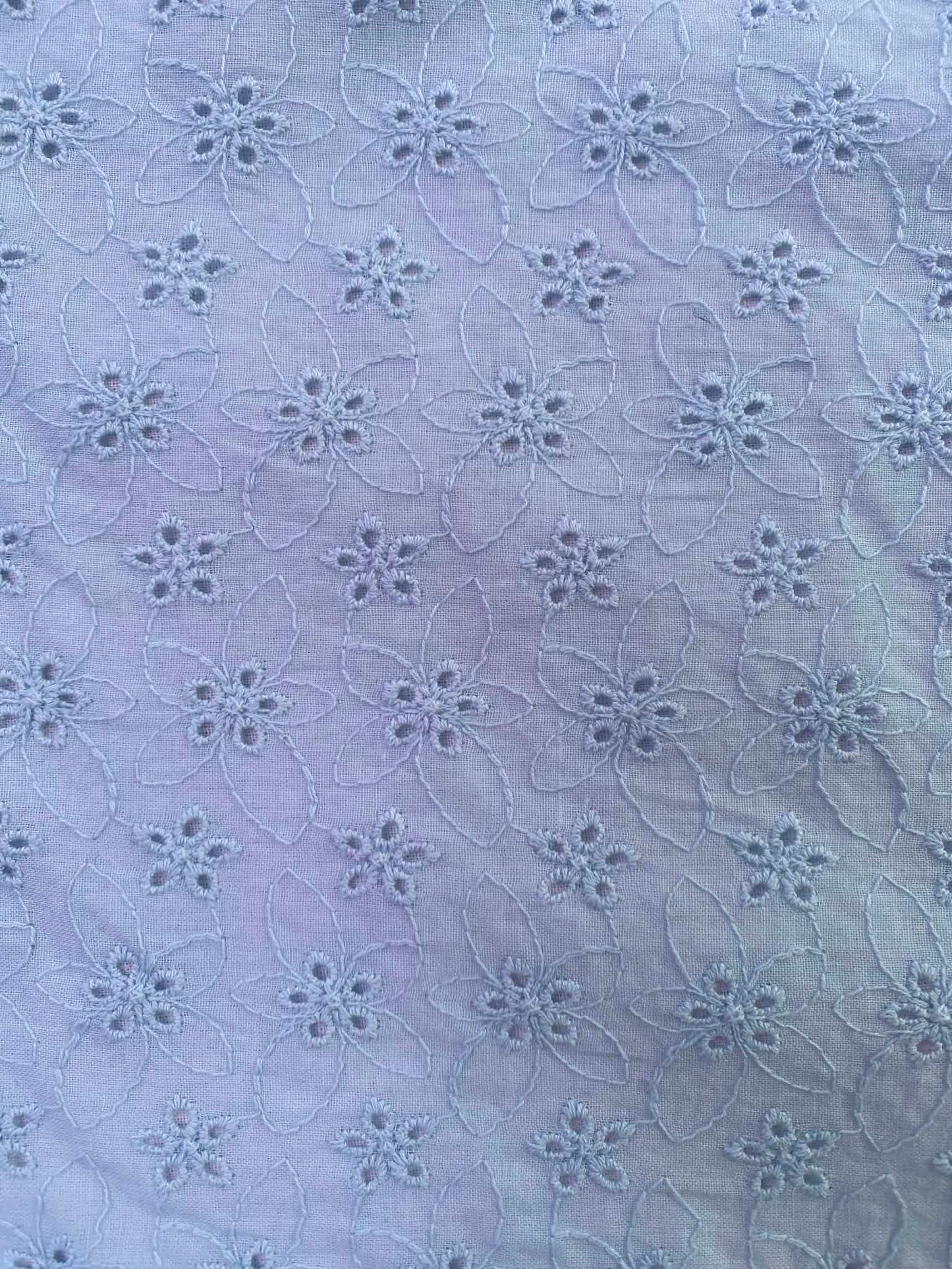 Soft Sky Blue Floral Broderie Anglaise 100% Cotton Fabric - 58" Wide By The Metre