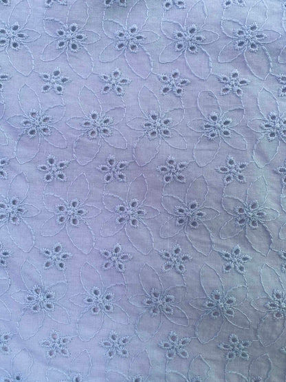 Soft Sky Blue Floral Broderie Anglaise 100% Cotton Fabric - 58" Wide By The Metre