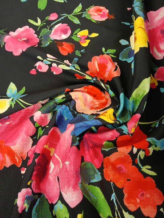 Scuba Waffle - Floral - Black/Red/Pink/Yellow - 59" Wide - Sold By the Metre