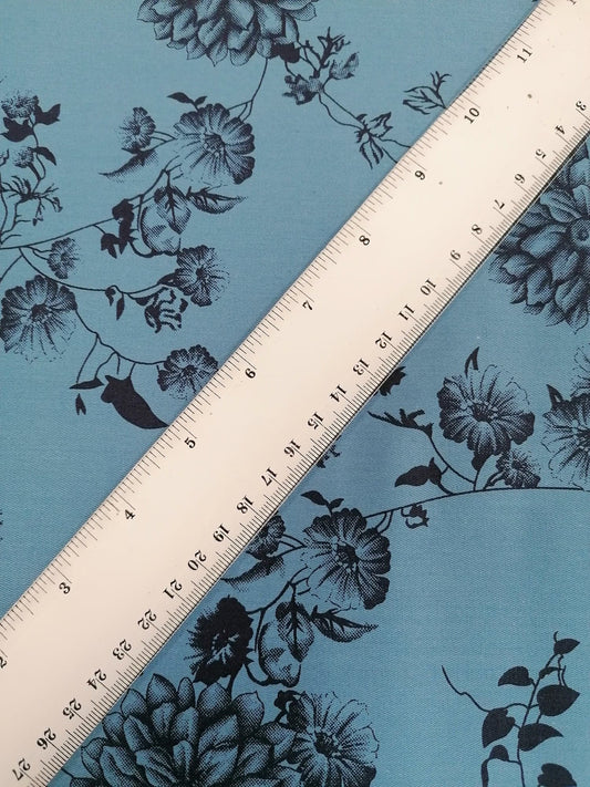 Printed Cotton Twill - Floral - Blue/Black - 58" Wide - Sold By the Metre