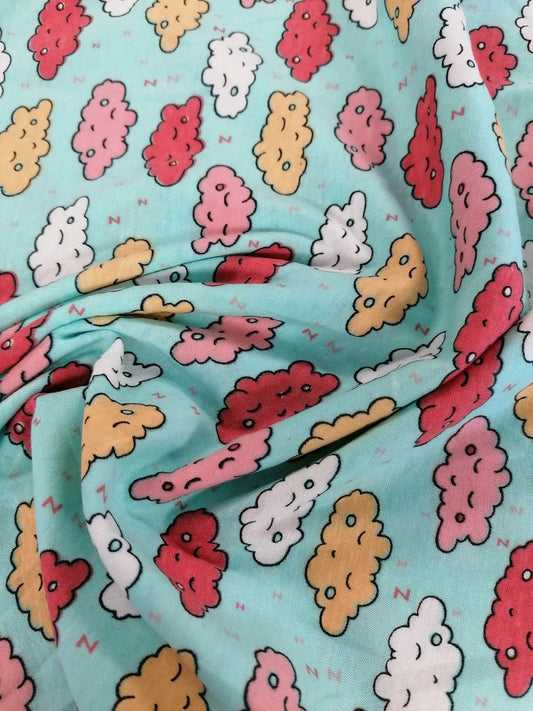 Printed Cotton Jersey - Clouds - Blue/Pink/Yellow/White - 58" Wide - Sold By the Metre
