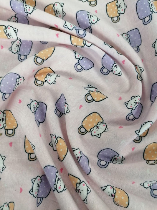 Printed Cotton Jersey - Teacups - Pink/Lilac/Orange - 58" Wide - Sold By the Metre
