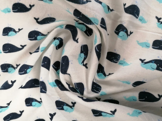 Brushed Cotton - Whales - White/Navy/Baby Blue - 60" Wide - Sold By the Metre