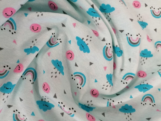 Printed Cotton Jersey - Clouds/Rainbows - Blue/Pink - 58" Wide - Sold By the Metre