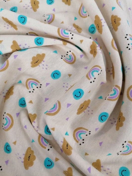 Printed Cotton Jersey - Clouds/Rainbows - Lemon/Turquoise/Lilac - 58" Wide - Sold By the Metre