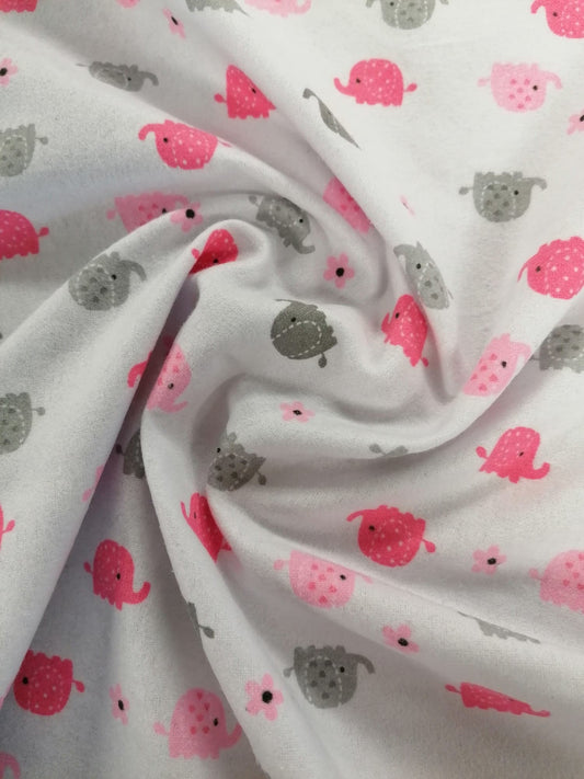 Brushed Cotton - Elephants - White/Pink/Grey - 60" Wide - Sold By the Metre