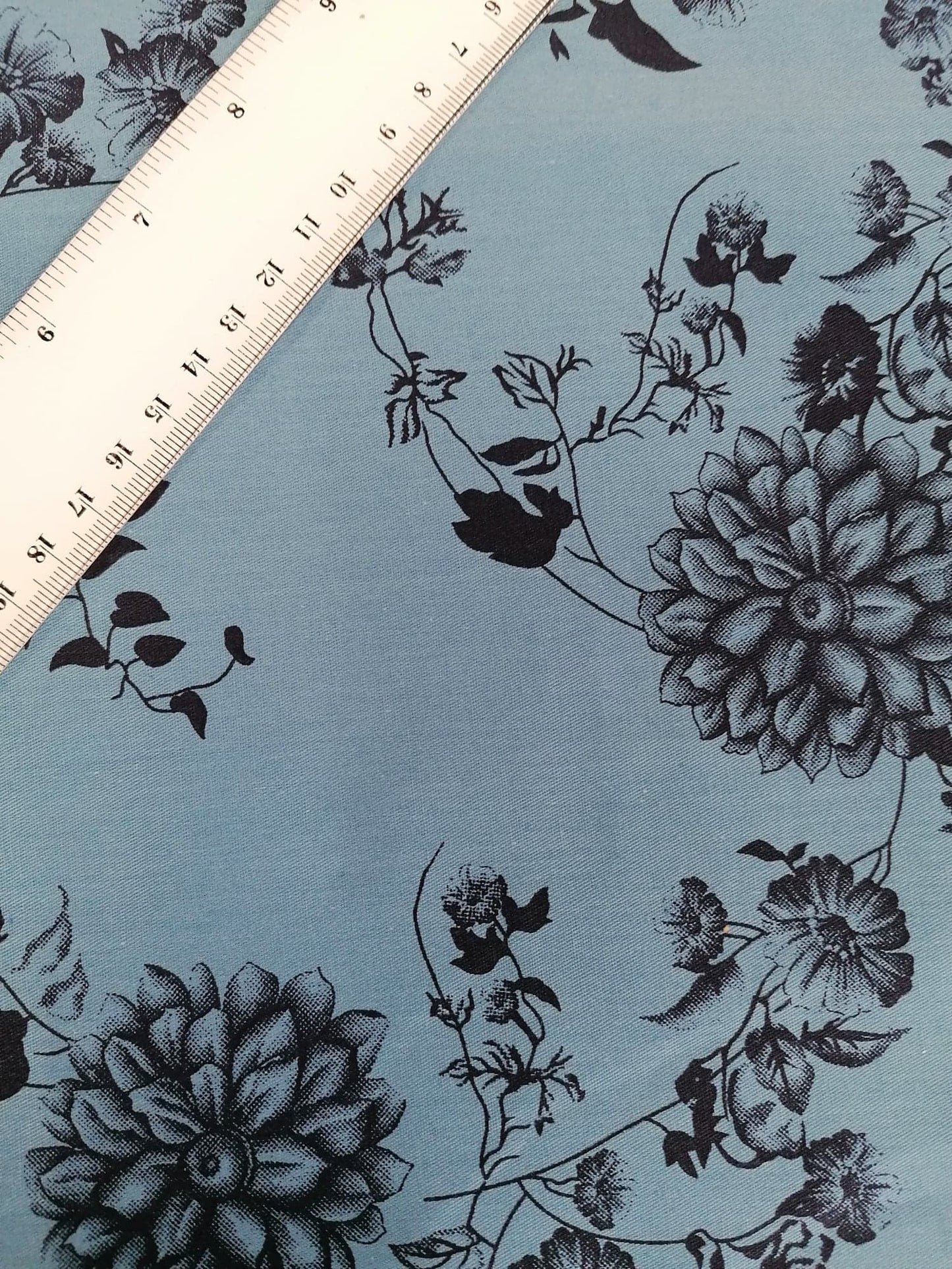 Printed Cotton Twill - Floral - Blue/Black - 58" Wide - Sold By the Metre