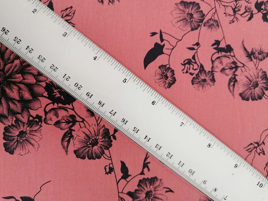 Printed Cotton Twill - Floral - Dusty Pink/Black - 58" Wide - Sold By the Metre