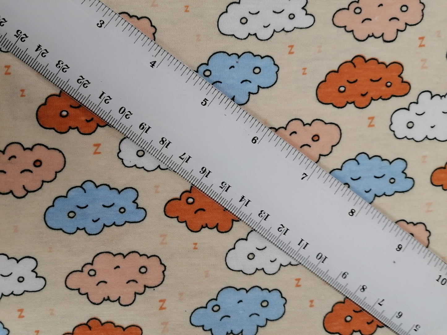 Printed Cotton Jersey - Clouds - Lemon/Blue/Beige - 58" Wide - Sold By the Metre