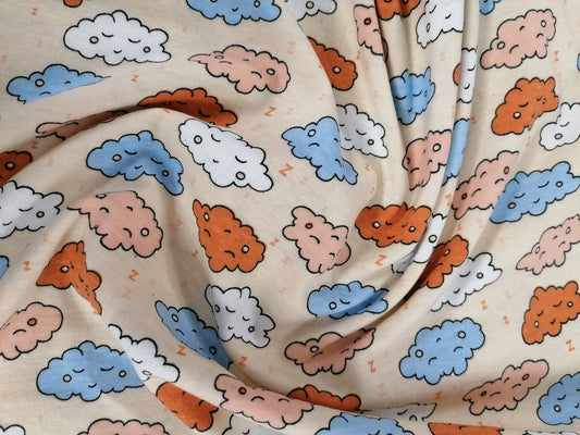 Printed Cotton Jersey - Clouds - Lemon/Blue/Beige - 58" Wide - Sold By the Metre