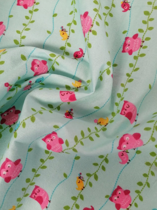 Brushed Cotton - Owls - Blue/Pink/Yellow/Green - 60" Wide - Sold By the Metre