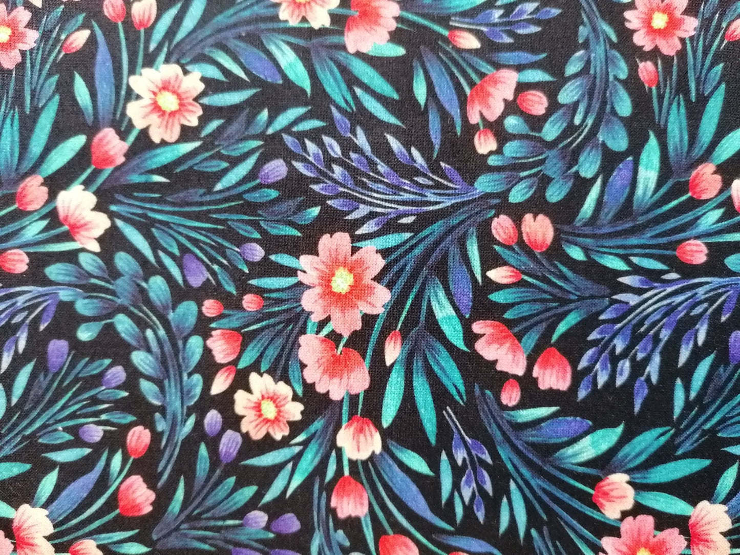 100% Cotton - Quilting and Crafting - Floral - Black/Peach/Purple/Blue - 60" Wide - Sold By the Metre