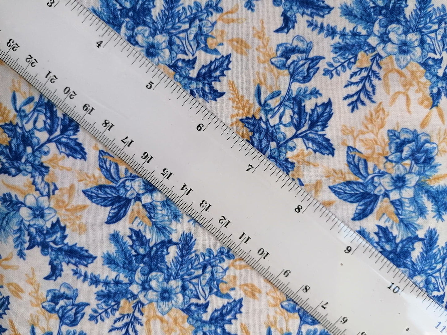 100% Cotton - Quilting and Crafting - Floral - Blue/Mustard/Cream - 60" Wide - Sold By the Metre