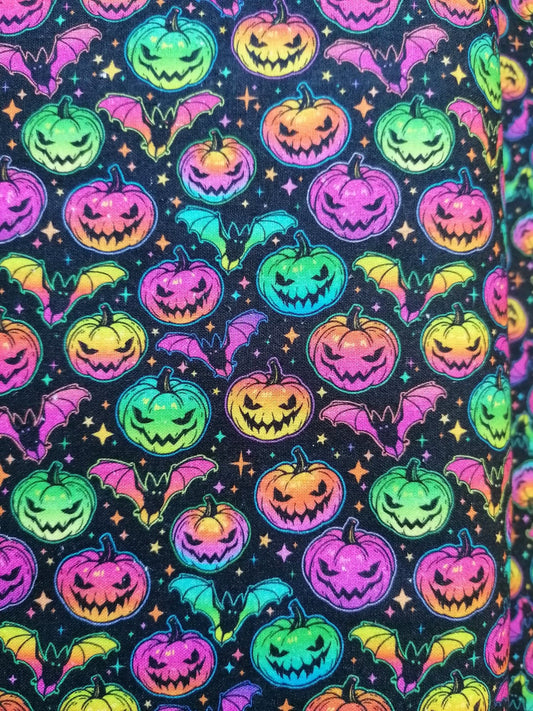 100% Cotton - Quilting and Crafting - Halloween - Green/Blue/Pink/Yellow - 44" Wide - Sold By the Metre