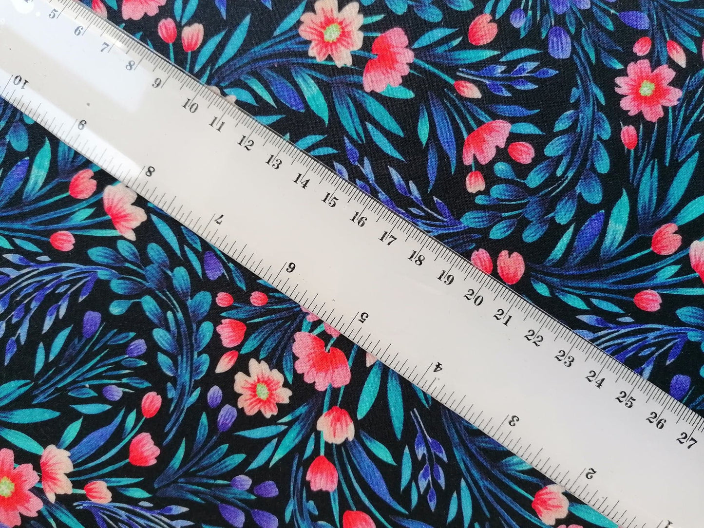 100% Cotton - Quilting and Crafting - Floral - Black/Peach/Purple/Blue - 60" Wide - Sold By the Metre