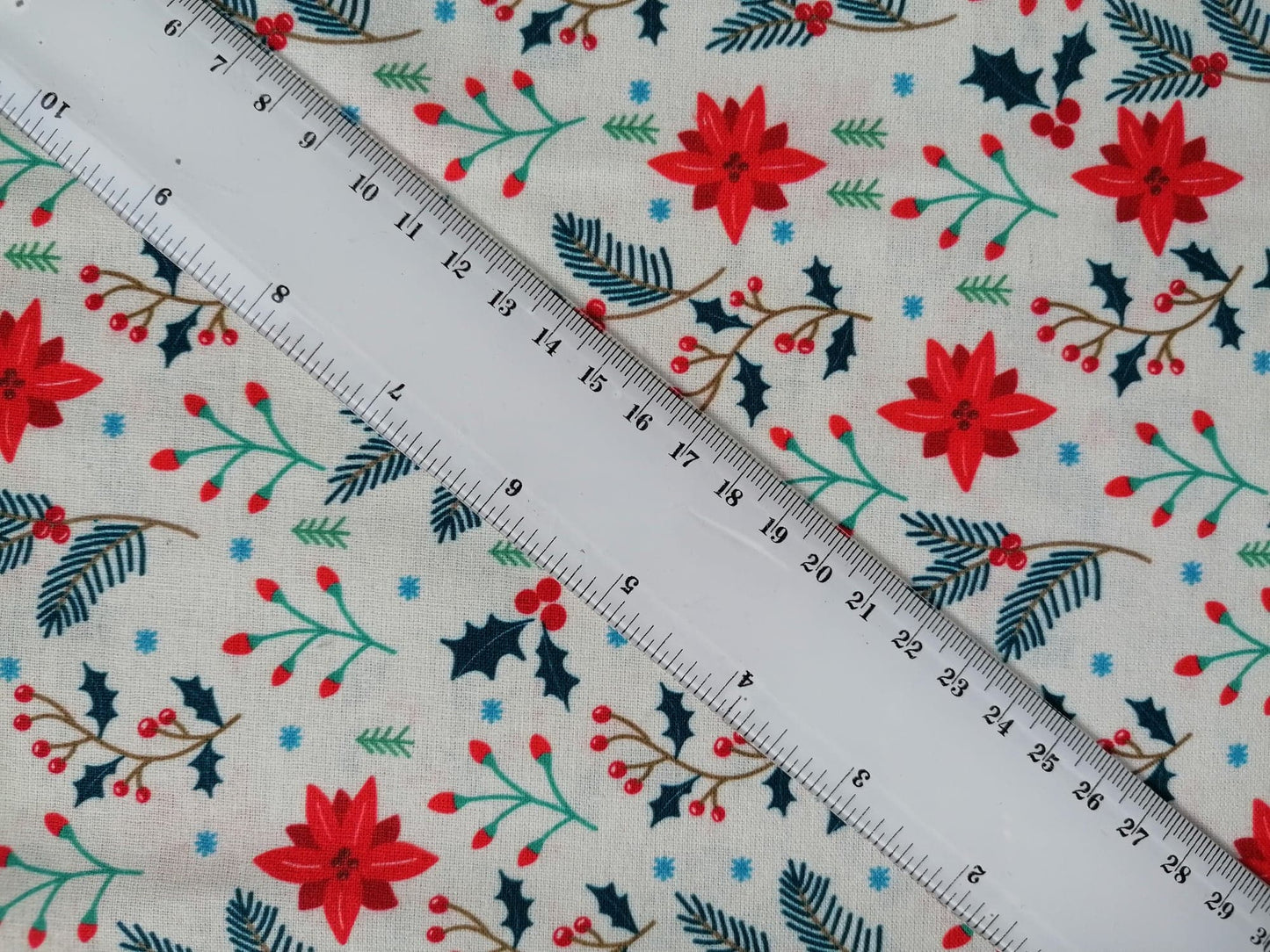 100% Cotton - Quilting and Crafting - Christmas - Cream/Red/Teal - 44" Wide - Sold By the Metre